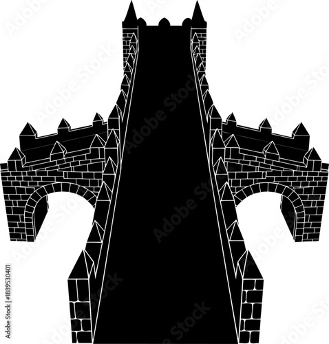 Medieval stone bridge with turrets and defensive walls silhouette