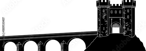 Medieval castle bridge and fortified gatehouse silhouette