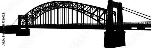 Massive arched steel bridge silhouette with supporting pillars