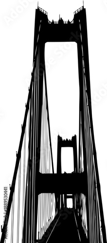 Low angle silhouette of a suspension bridge pylon and cables