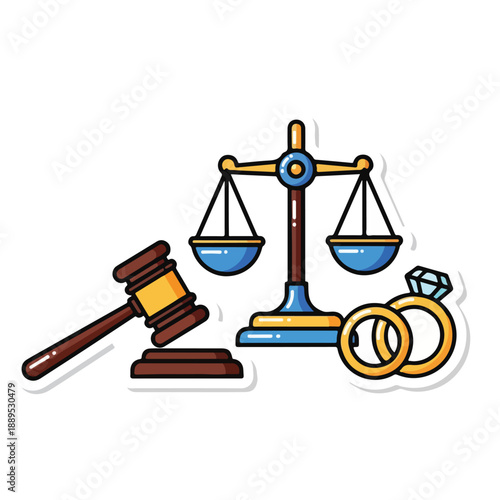 A cartoon illustration of law and marriage symbols