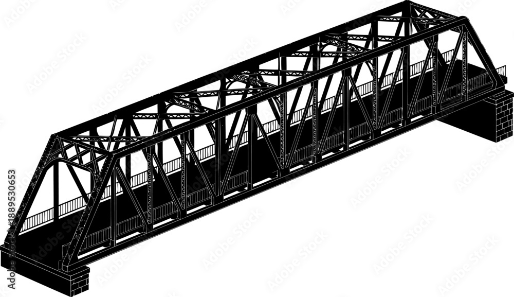Fototapeta premium Industrial steel truss bridge structure in perspective silhouette