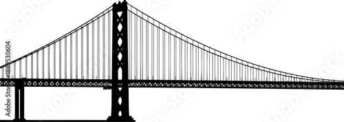 Large suspension bridge silhouette with suspension cables and tower