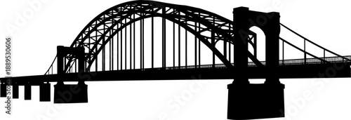 Large steel arch bridge silhouette with stone support towers