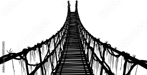 Jungle rope bridge silhouette with hanging vines and wooden planks