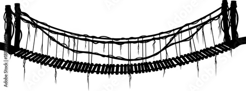 Jungle style rope suspension bridge silhouette with hanging vines