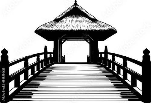 Japanese garden bridge leading to thatched gazebo silhouette