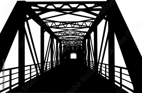Internal perspective view through a steel truss bridge