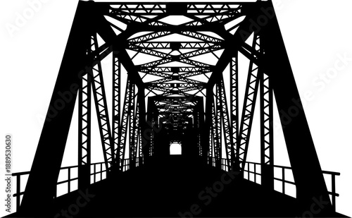 Internal perspective through steel truss bridge framework