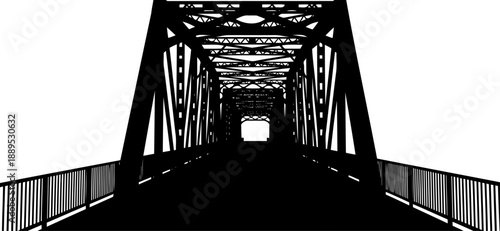 Interior perspective view of a massive steel truss bridge