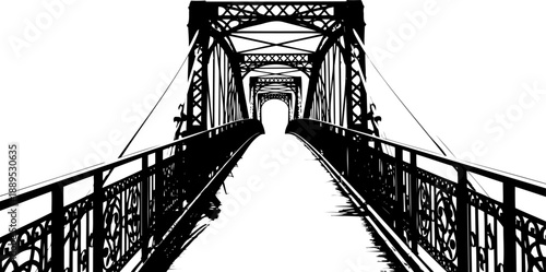 Interior perspective view through a steel truss bridge frame