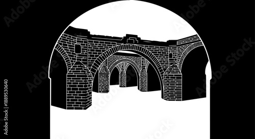 Interior perspective of stone vaulted arches silhouette