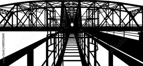Interior perspective of a steel truss bridge structure