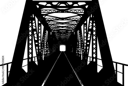 Interior perspective of a massive steel truss railway bridge