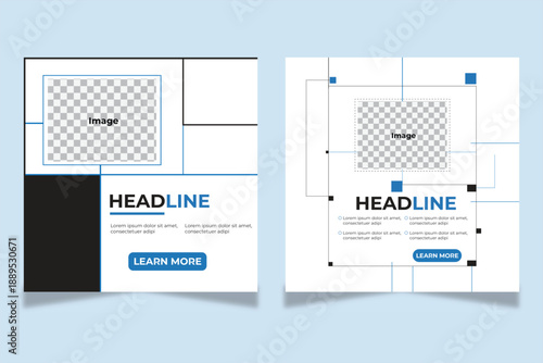 Minimalist social media graphic templates for business promotion. Clean layout with image placeholders, headline, and 'Learn More' button. Ideal for online advertising and marketing campaigns.