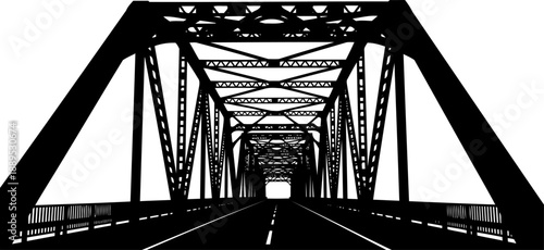 Industrial steel truss bridge perspective from the roadway