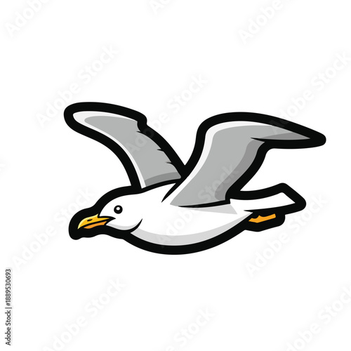 A cartoon seagull flying left