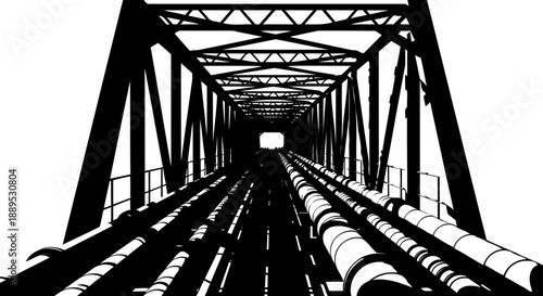 Industrial pipeline bridge silhouette with internal truss framework