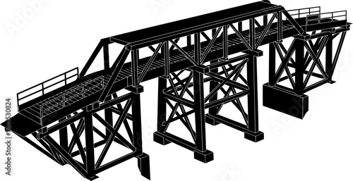 Industrial metal trestle bridge silhouette in perspective