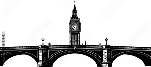 Iconic silhouette of westminster bridge with big ben clock tower