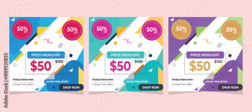 Vibrant social media templates for limited time offers and sales events, showcasing discounts and price reductions with modern abstract design elements