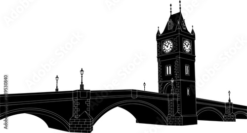Historic clock tower and stone bridge silhouette