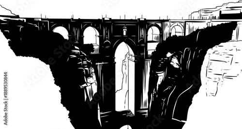 High stone arch bridge spanning a deep canyon gorge