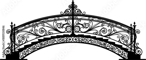Highly decorative wrought iron ornamental bridge with scrollwork patterns