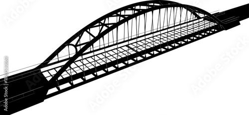 High perspective view of a modern steel arch bridge framework