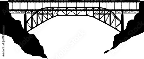 High altitude steel arch bridge silhouette spanning steep canyon walls