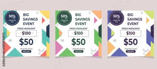 Big savings event social media templates featuring 50 percent off, price highlights, and modern abstract designs for online shopping promotions