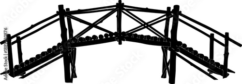 Handcrafted rustic wooden footbridge silhouette with branch railings