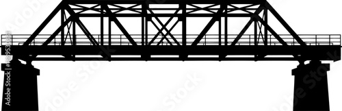 Heavy duty industrial railway truss bridge silhouette on concrete pillars