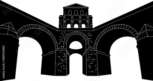 Grand monumental stone bridge with multiple arches silhouette