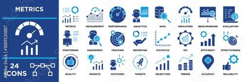 Metrics icon set featuring analytics, data, indicators ,assessment, tracking, effectiveness, productivity and reliability.  solid blue