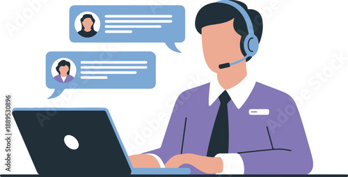 Customer support agent with headset and laptop, engaged in conversation via chat bubbles, symbolizing online communication and client service interactions