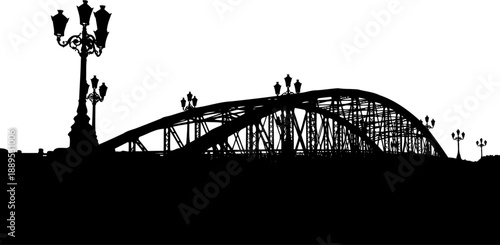 Elegant bridge silhouette with decorative vintage lamp posts