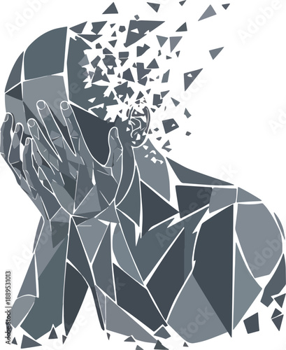 Figure with head shattering into dark gray fragments hands covering face