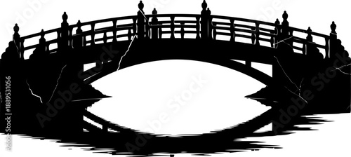 Curved wooden garden bridge silhouette with water reflection
