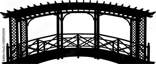 Curved wooden garden pergola bridge with lattice railing