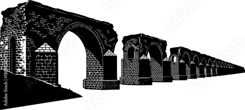 Decaying brick aqueduct ruins silhouette with broken arches