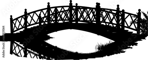 Decorative garden footbridge silhouette over pond