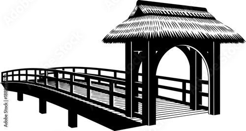 Covered wooden bridge with a traditional thatched roof silhouette