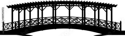 Covered pergola bridge silhouette with decorative roof structure