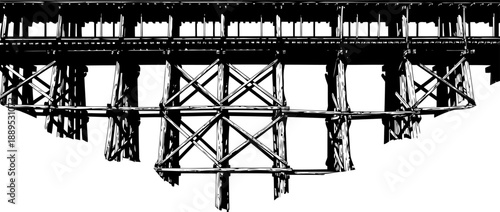 Complex timber trestle bridge silhouette for railway transport