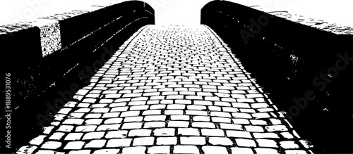 Cobblestone path perspective on an old stone bridge