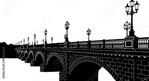 Classic stone bridge with arches and vintage lamp posts
