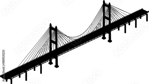 Cable stayed bridge silhouette in isometric aerial perspective