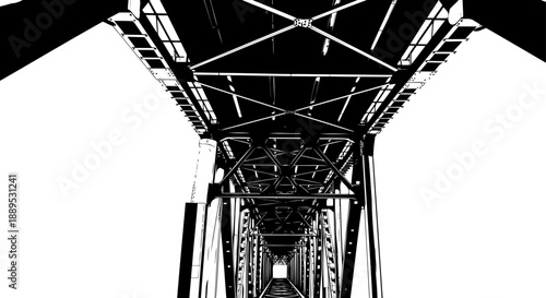 Bottom view silhouette of metal bridge girders and supports