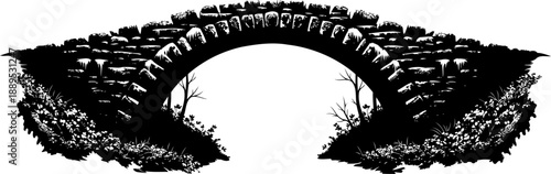 Ancient stone bridge with overgrown vegetation silhouette